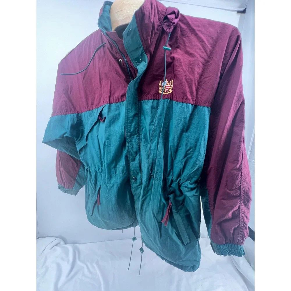 Vintage‎ Colorblock Windbreaker Jacket Burgundy Teal Embroidered Crest Nylon